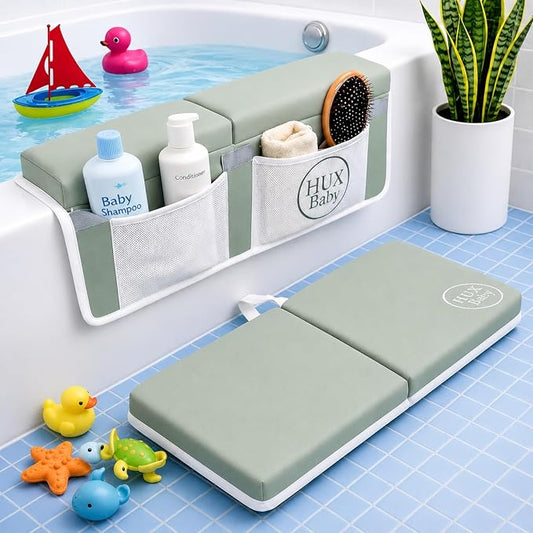 Comfortable Baby Bath Kneeler and Elbow Rest Pad Set, Non-Slip Bathtub Kneeling Pad for Bathing Baby, Bath Tub Cushion Mat, Elbow Pads, Toy Organizer Storage Pockets, Strong Suction Cups (Green Gray)