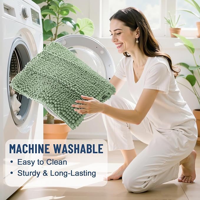 Grandaily Chenille Striped Bathroom Rugs 70x24, Extra Thick and Soft Absorbent Bath Mats, Rubber Backing, Plush Shaggy Shower Carpet, Machine Wash Dry, Bath Rug for Bathroom, Grayish Green