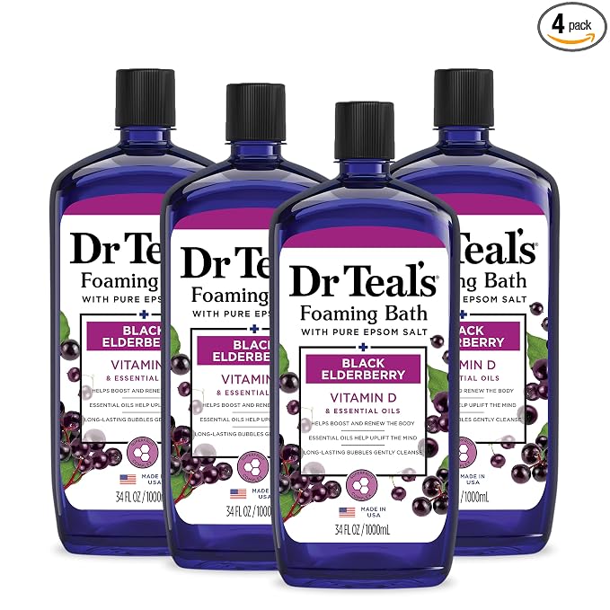 Dr Teal's Foaming Bath with Pure Epsom Salt, Black Elderberry with Vitamin D, 34 fl oz (Pack of 4)