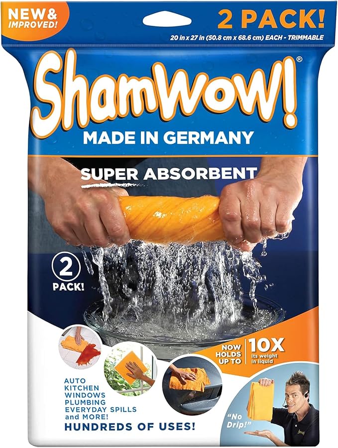 ShamWow 2pk (20"x27") Shammy Super Absorbent Multi-Purpose Home Cleaning, Chamois Towel for Cars, Lint-Free, Streak-Free & Scratch-Free, Holds 10x Its Weight, Machine Washable, Orange