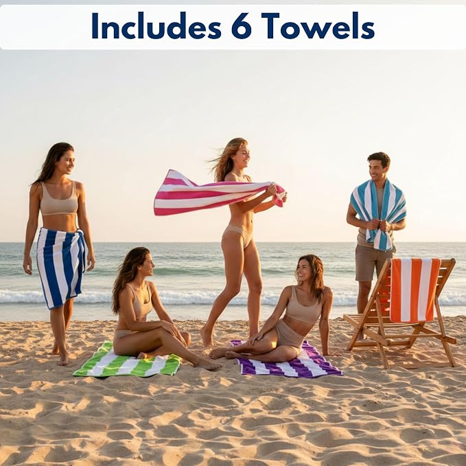 Beach Towels 6 Pack Large 30x60-100% Cotton Beach & Pool Towels Bulk Cabana Stripe - Quick Dry Bath Towel Set for Swim, Beach Essentials, Bathroom, Hot Tub, Yoga, Hotel & Airbnb Guests