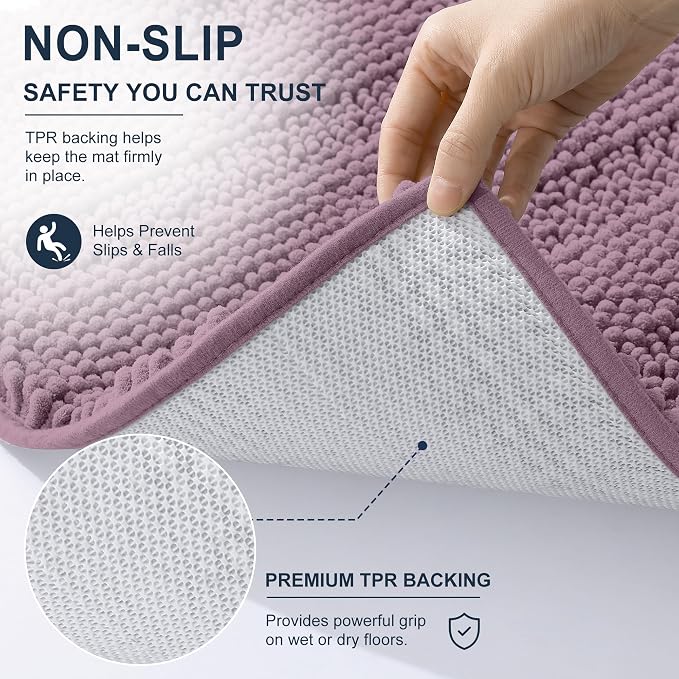 Smiry Thick Chenille Bathroom Runner Rugs 47x17, Extra Absorbent Striped Bath Mat, Machine Washable, Rubber Backing, Long Bath Rugs for Tub & Shower, Modern Home Decor Accessories, Deep Plum