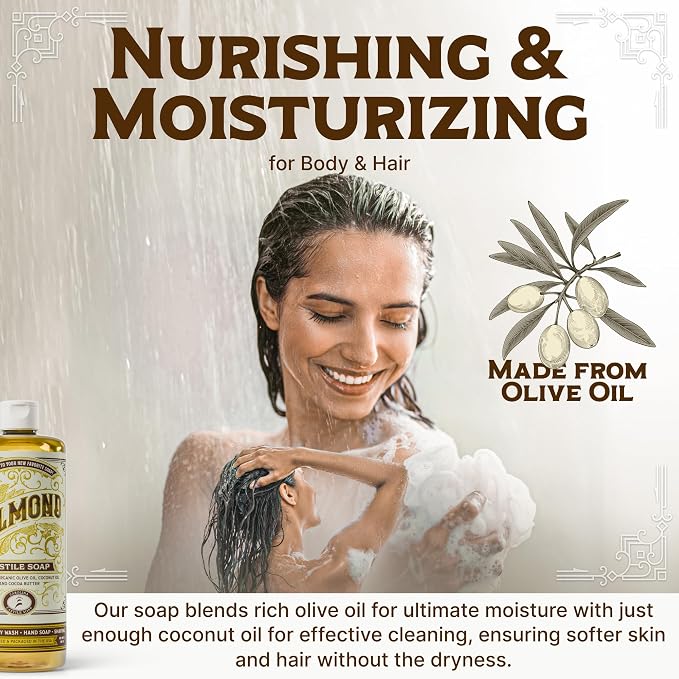Carolina Castile Soap Almond Scent – Certified Organic Base, High Olive Oil Content, Non-Drying, Made with Organic Oils, Concentrated Natural Body Wash for Men and Women (Almond, 32 Fl Oz)