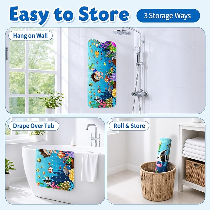 XIYUNTE Baby Bath Mat for Tub Non Slip Kids Bath Mat - 40''x16'' Extra Long Cartoon Bathtub Mat Non Slip Kids Shower Mat Eco-Friendly Toddler Bath Mats with Suction Cups, Machine Washable