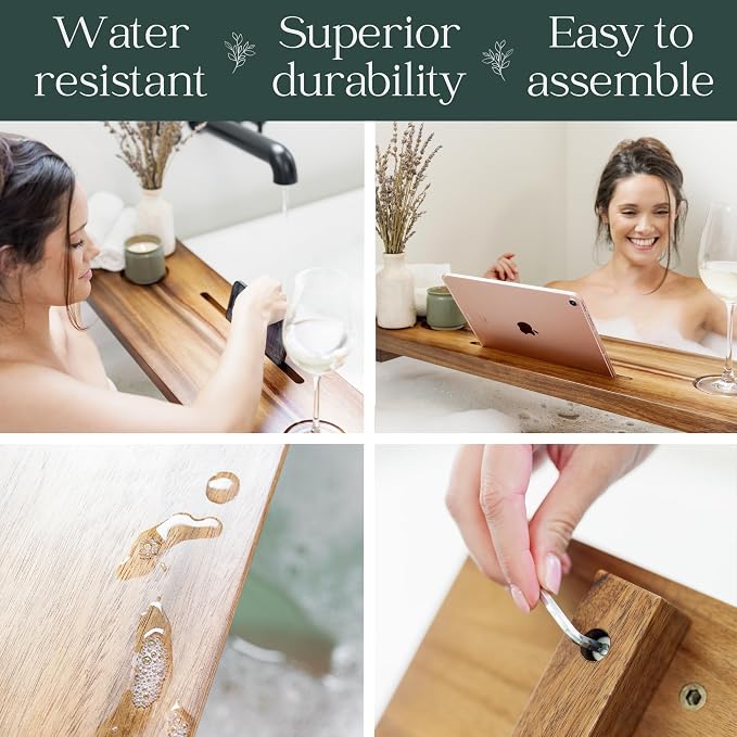 Premium Nature Shed Bathtub Tray for Freestanding Bath | Large & Thick 35” Acacia Wood Luxury Bath Tray for Tub | Anti-Tip, Non-Toxic, Adjustable Bathtub Trays for Tub with Bathroom Accessories Holder