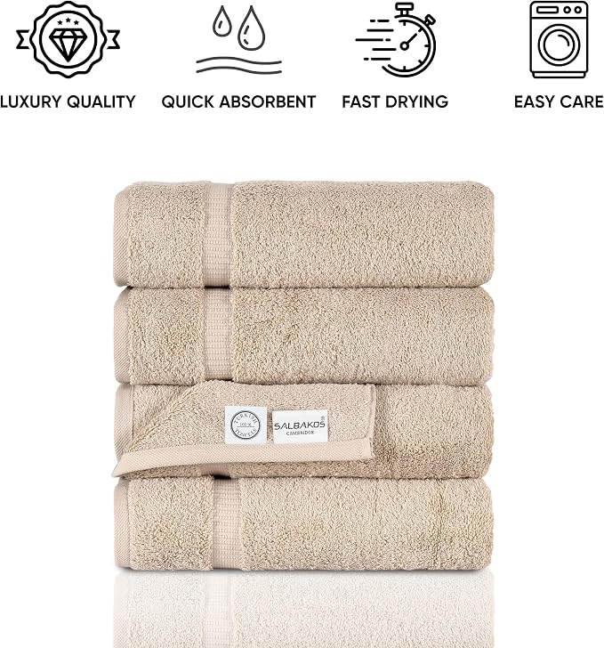 SALBAKOS 100% Turkish Cotton Bath Towels | 4 Piece Turkish Bath Towels Taupe 27x54 in Standard Size | Premium Hotel Quality, Super Absorbent, Thick & Plush Turkish Bath Towel (Taupe, 4 Bath Towels)
