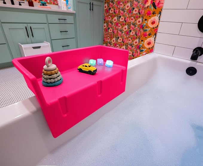 Tub Topper Mini Bathtub Splash Guard & Bath Shelf for Kids - Toy Tray, Pink | Toddler Storage Ledge, Patented Lip Design, Non-Silicone, BPA-Free, Easy to Remove & Clean, Made in USA