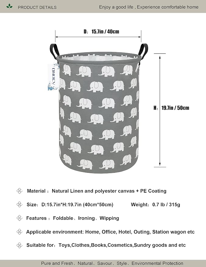 Round Elephant Laundry Hamper, Household Storage Bin | waterproof foldable canvas bin with sturdy grip handles, large capacity, tidy organizer for bath linens and kids garments