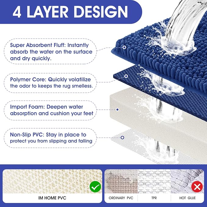 Striped Denim Blue Bathroom Rug Set 3 Pieces Ultra Soft, Non Slip Chenille Bath Carpet, Absorbent Plush Shaggy Bath Mats for Bathroom, Toilet, Bedroom, Kitchen