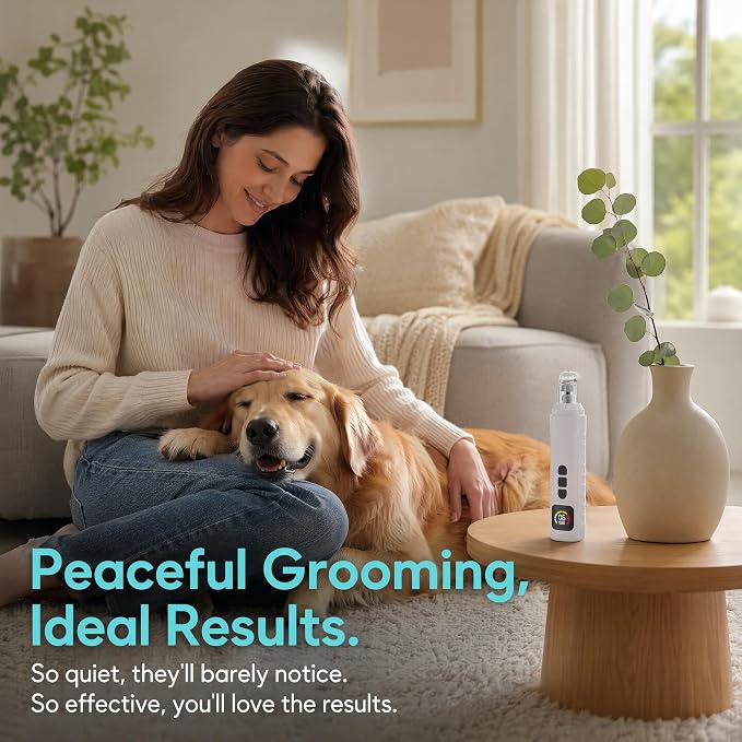 Dog Nail Grinder Quiet, 6-Speed Rechargeable Pet Trimmer for Dogs Cats（White） | 5H Battery, 6 Speeds, Dual LED, 3 Diamond Heads, Ultra-Quiet, Beginner-Friendly, Multi-Port for Dogs & Cats