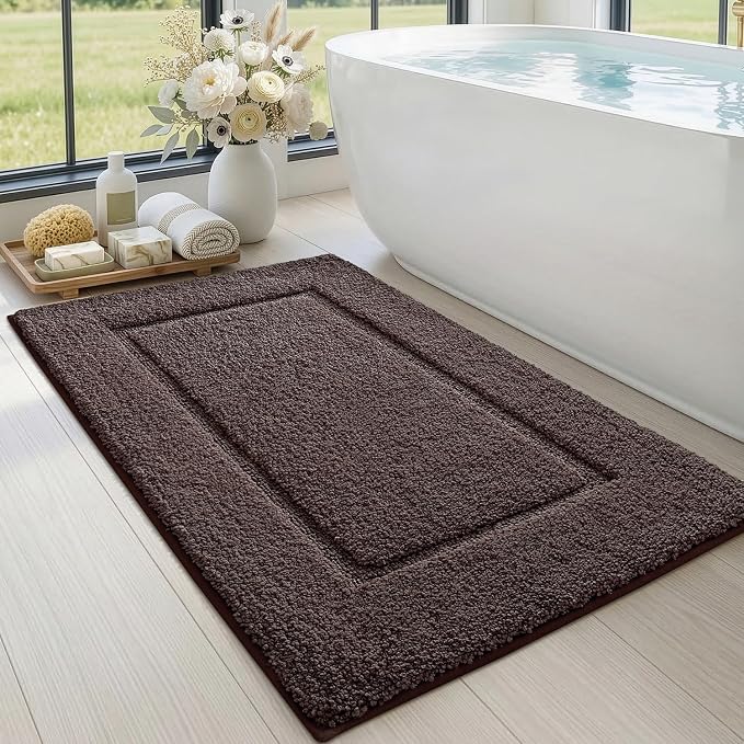 DEXI Bathroom Rugs 43x24, Washable Non Slip Bath Mat for Shower Floor, Absorbent Quick Dry Bathmat with Rubber Backing, Ultra Soft Plush Carpet for Tub, Brown