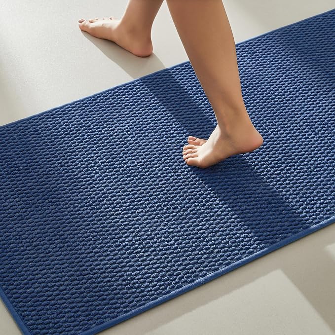 TYUU Bathroom Rugs Non Slip Washable, Super Absorbent Thin Bath Mat Quick Dry Low Pile Bathroom Rug, Navy Blue 20"x48"