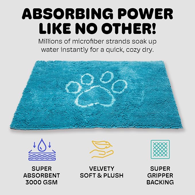 Dog Gone Smart Dirty Dog Doormat - Fast Drying Rug with Super Gripper Backing for Clean Floors - Super Absorbent and Machine Washable Mat for Muddy Paws - Aqua