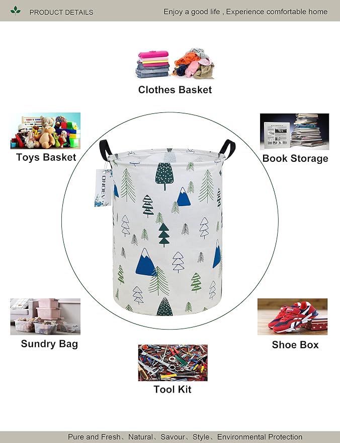 Round Forest Laundry Hamper, Household Storage Bin | waterproof foldable canvas bin with sturdy grip handles, large capacity, tidy organizer for bath linens and kids garments
