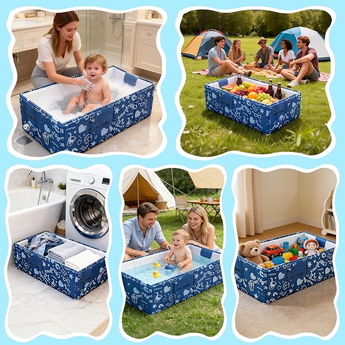 Baby Bathtub, 5-Layer Anti-Tear Foldable Toddler Bath Tub with Padded Bottom Drain Plug, Portable Collapsible Baby Bath for Travel, Shower, Sink, Indoor & Outdoor, 6 Months to 5 Years