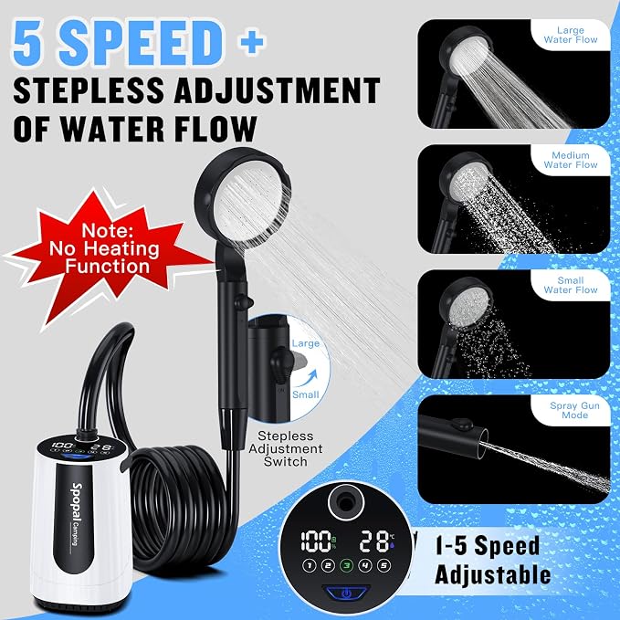Spopal Portable Shower for Camping, [Upgraded] 10000mAh Rechargeable Camping Shower with 5 Adjustable Speeds,Premium LED Display, IPX8 Waterproof Outdoor Shower Kit for Hiking, Car, Pet, Travel