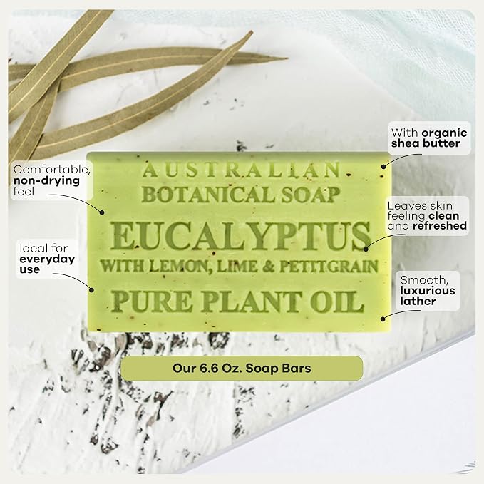 Australian Botanical Soap, 6.6 OZ, Eucalyptus, Lemon, Lime, and Petitgrain, Triple Milled Bars made with a Natural Soap Base and Enriched with Organic Shea Butter, Pack of 8