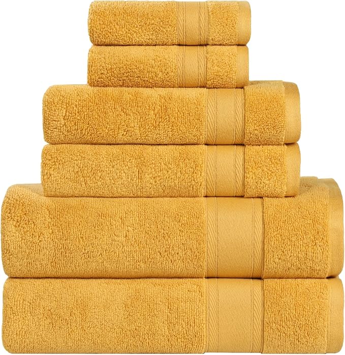 Superior Belmont Zero Twist Cotton Medium Weight Towels, for Guest Bath, Bathroom, Shower, Spa, Plush, Quick Dry, Ultra-Soft Towels, Bath Essentials, Thick Border, 6 Piece Assorted Towel Set, Gold