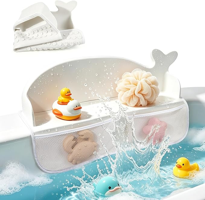 MCGMITT Splash Guard for Bathtub, Whale Silicone Bath Shelf for Kid, Bath Toys Storage with 130 Suction Cups, Leak-Proof Foldable Toddler Tub Water Barrier, Prevent Water Spills in Bathroom