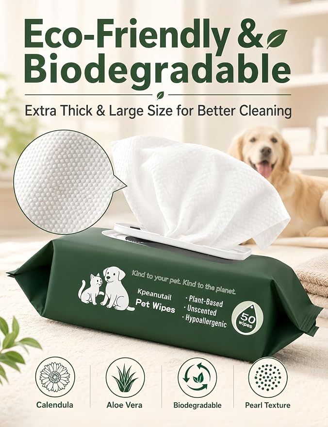 Pet Wipes for Paws and Butt Unscented Hypoallergenic Dog Wipes Gentle Earth-Friendly 50 PCS Cleaning Wipes for Puppies,Kittens & Senior Pets Deodorizing Waterless Bathing Wipes | Cleansing & Deodorizing Unscented Plant-Based Hypoallergenic Pet Wipes