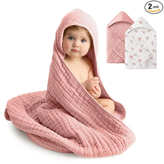 Baby Girl Bath Towels, 100% Muslin Cotton Hooded Baby Towels for Newborn, 2 Pack Baby Towels with Hood for Infant Toddler and Kids, Large 32x32Inch Essentials, Soft and Absorbent Pink Flower
