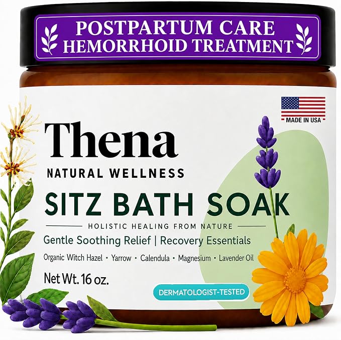 Best Organic Sitz Bath Soak Postpartum Care and Post Partum Essentials, Natural Hemorrhoid Treatment for Women & Moms with Epsom Dead Sea Salt Witch Hazel, Sitz Bath for Toilet, Thena