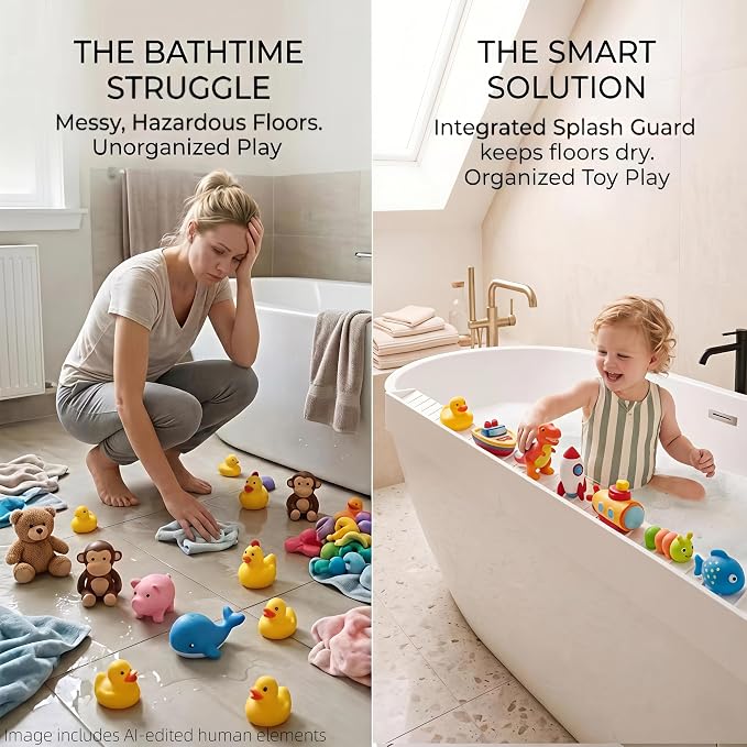 Bathtub Splash Guard for Tub Kids, Silicone Bath Toy Holder & Tub Side Tray with Suction Cups, Bath Tub Shelf for Kids, Bathtub Toy Storage, White