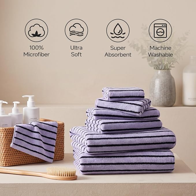 ecolook Striped Microfiber Bathroom Towel Set, Lightweight-Purple | Highly Absorbent 6-Piece Microfiber Towel Set, 2 Bath Towels, 2 Hand Towels, and 2 Washcloths for Everyday Use