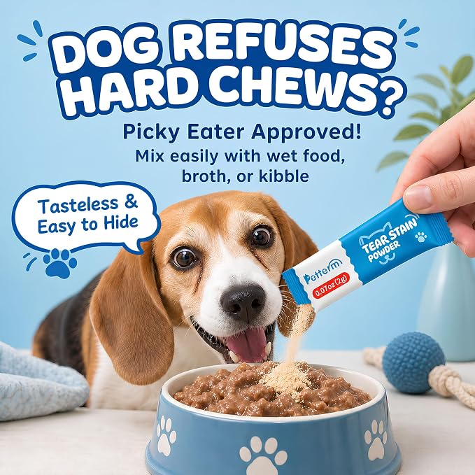 Tear Stain Remover Powder for Dogs & Cats, Probiotic Supplement, 15 Sachets | Pre-Measured Sachets, 6B Probiotics & Lactoferrin, Chicken Flavor for Picky Eaters, No Mess, Supports White Fur