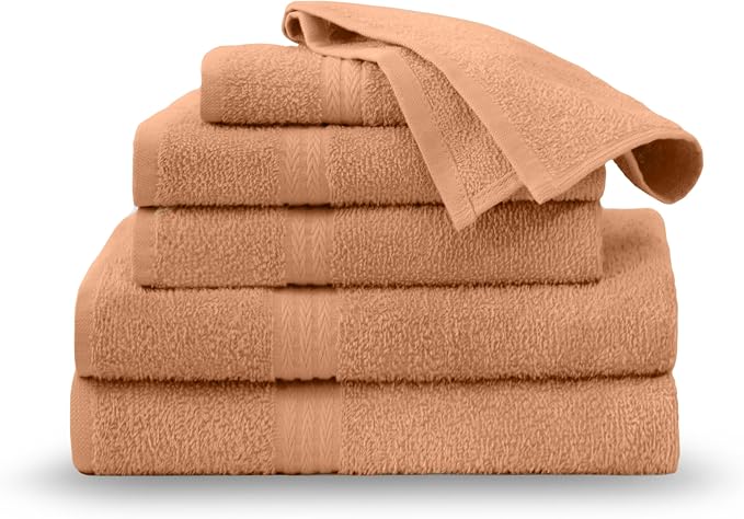 Martex Easy Living Everyday 6-Piece Bathroom Towel Set, Peach | 2 Bath Towels, 2 Hand Towels, 2 Wash Cloths, 100% Cotton, Soft, Quick-Dry