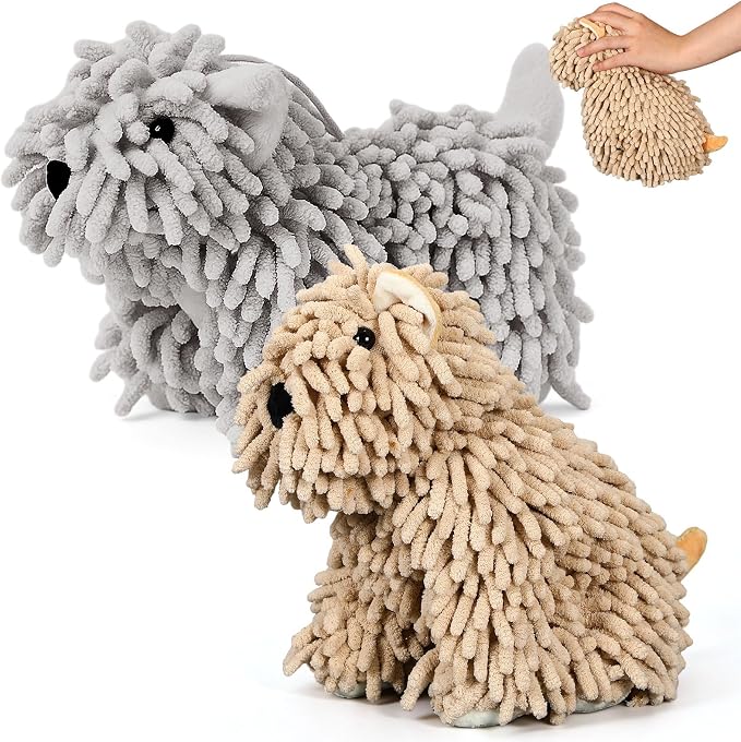 Tegeme 2 Pcs Chenille Dog Hand Towel Fuzzy Towel Absorbent Microfiber Soft for Bathroom Kitchen Washstand (Khaki Grey,Siting and Standing Dog)