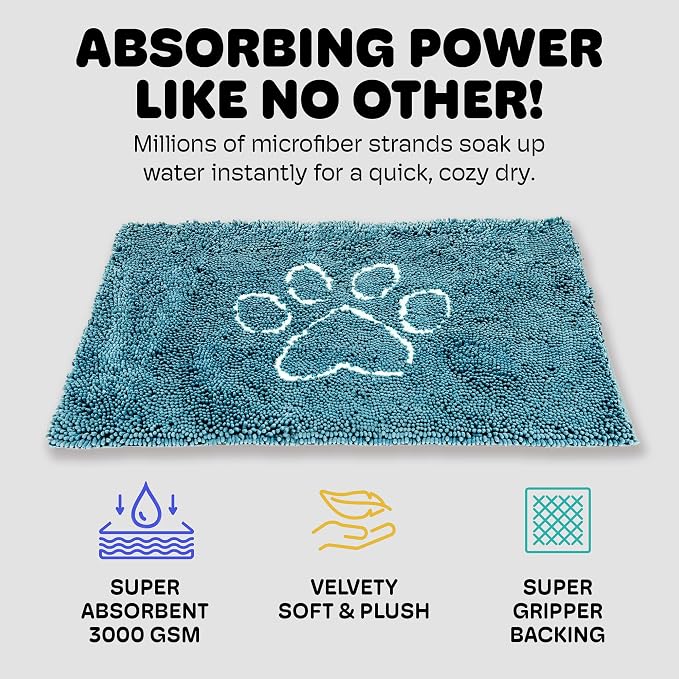Dog Gone Smart Dirty Dog Doormat - Fast Drying Rug with Super Gripper Backing for Clean Floors - Super Absorbent and Machine Washable Mat for Muddy Paws - Pacific Blue