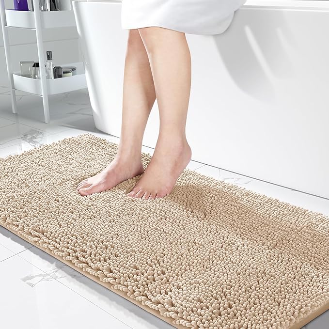 Yimobra Long Bathroom Rugs 44"x24", Extra Soft Non Slip Bath Mat for Tub, Super Absorbent Quick Dry Shaggy Rug Floor Carpet, Machine Washable,Beige