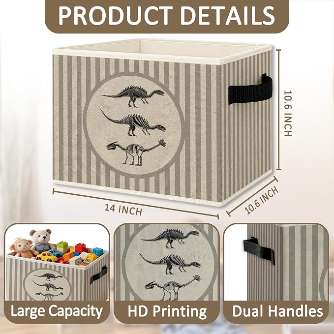 Dinosaur Nursery Foldable Storage Bins Box with Handles, Neutral Striped Dinosaur Skeleton Classroom Collapsible Organizer Basket for Boys Kids Bedroom Bathroom Playroom Clothes Books