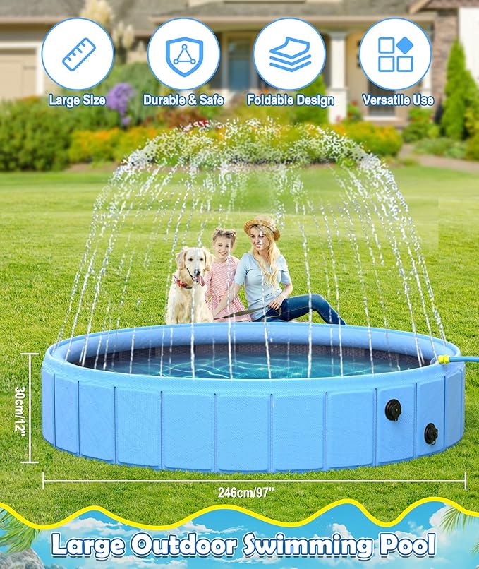 EPN Large Foldable Dog Pool – 0.55MM PVC 2-in-1 Portable Bathtub & Sprinkler for Dogs, Cats, Kids – Heavy Duty, Non-Slip, Summer Water Toy (97 in)