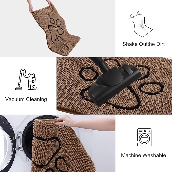 Smiry Dog Door Mat for Muddy Paws, Absorbent Dirt Trapper Non Slip Quick Dry Washable Chenille Mat for Mud Dogs, Entry Rug for Indoor and Outdoor (70x24 Inches, Coffee and Black)