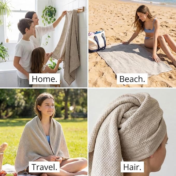 Pure 100% Linen Bath Towel - 30x60-inch Lightweight Travel Towel - Linen Beach Towel Waffle Weave Quick Dry Hair Towel - Thin Towels for Bathroom