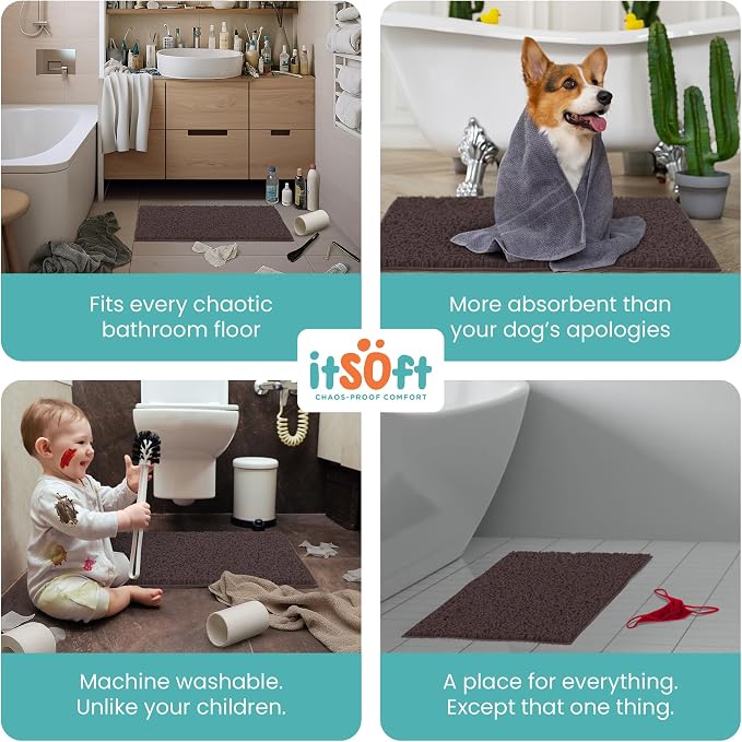 Large Chenille Bath Mats 47x21, Plush Absorbent Quick Dry, Soft & Machine Washable, Non Slip Carpet for Bathroom, Thick Bathroom Rugs, Shower Restroom Rug Mat, Bathrugs, Dark Brown