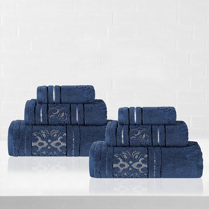 Superior Cotton 6 Piece Towel Set, 2 Bath, 2 Hand, 2 Washcloth/Face Towels, Quick Dry, Home Essentials, Shower, Spa, Luxury Plush Soft Absorbent Towels, Zero-Twist, Jacquard Floral, Navy Blue