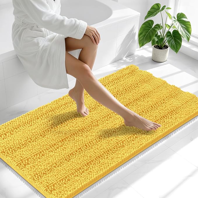 Smiry Thick Chenille Bathroom Runner Rugs 47x24, Extra Absorbent Striped Bath Mat, Machine Washable, Rubber Backing, Long Bath Rugs for Tub & Shower, Modern Home Decor Accessories, Yellow