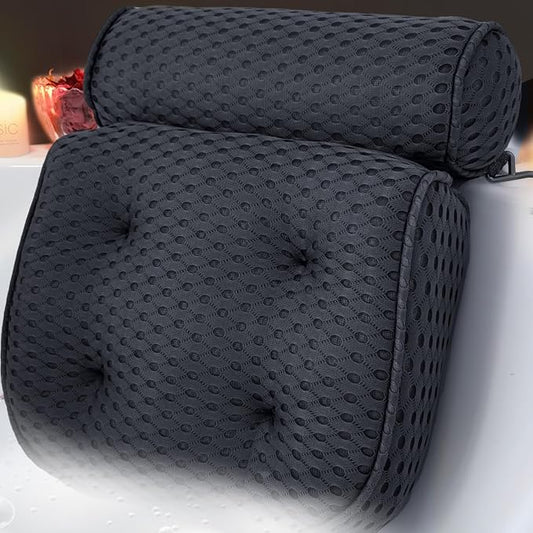 AEROiVi Luxury Bath Pillows for Tub，Bath Pillow Bathtub Pillows for Head and Neck Support Bath Cushion Made from Soft Spacer Mesh Material with Suction Cups,Black