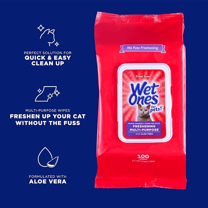 Wet Ones for Pets Freshening Multipurpose Cat Wipes with Aloe Vera, Fresh Scent - Easy to Use Cat Freshening and Grooming Wipes with Wet Lock Seal, 100 Count - 12 Pack