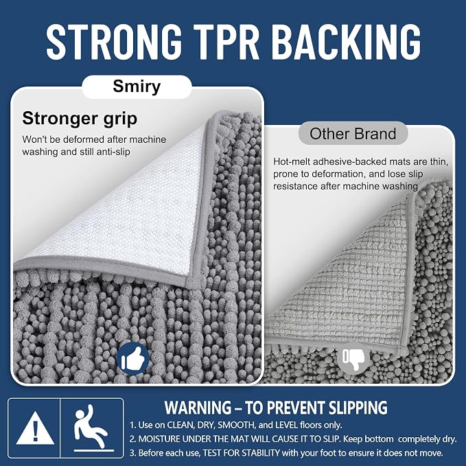 Smiry Bathroom Rugs Mat 30x18, Extra Soft Absorbent Chenille Bath Rugs, Non Slip Rubber Backing Machine Washable Quick Dry Bath Mats for Bathroom Floor, Tub, Shower, Home Decor Accessories, Grey