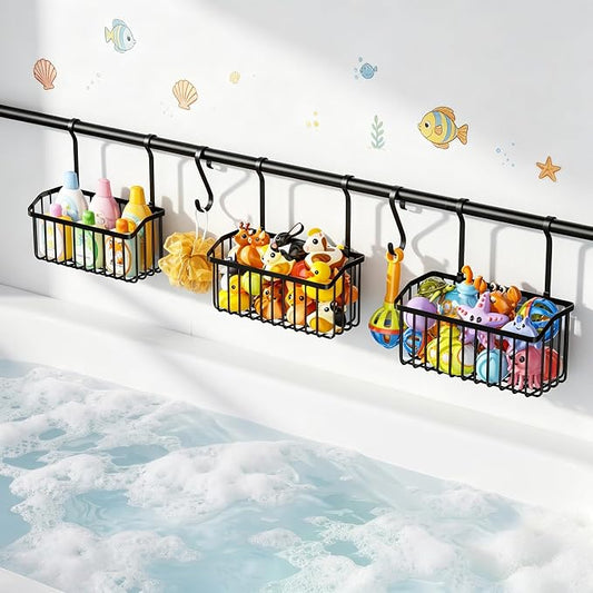 KEGII Over-the-Tub Bath Toy Storage, Adjustable 61-82.67 Inch Bathtub Toy Organizer Holder with 3 Baskets and Hooks, Large Capacity Kids Bath Toy Storage Rack for Easy Sorting and Drainage, Black