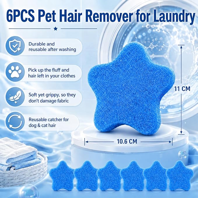 6Pcs Pet Hair Remover for Laundry, Reusable Pet Hair Sponges, Effectively Removes Pet Hair, Lint and Dander from Bedding and Clothing, Suitable for Washing Machines, Dryer