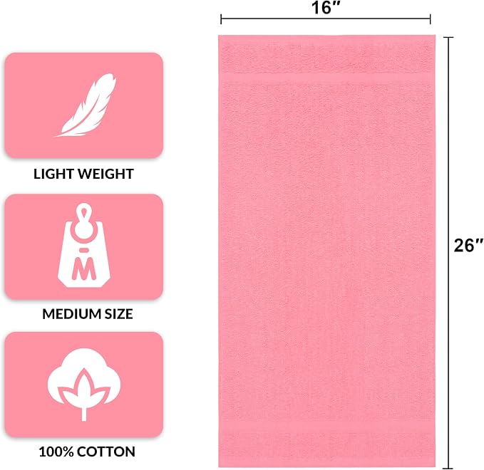 Basic Hand Towels 16x26 Inches – Pack of 12 – Rose Pink Color – Soft and Absorbent Multipurpose Cotton Towels for Bathroom, Spa, Gym, Salon, Hotel, and Everyday Use