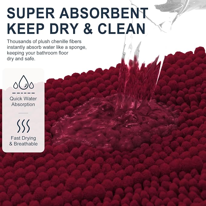 Smiry Thick Chenille Bathroom Runner Rugs 59x20, Absorbent Striped Bath Mat, Machine Washable, Rubber Backing, Extra Long Bath Rugs for Tub & Shower, Modern Home Decor Accessories, Burgundy