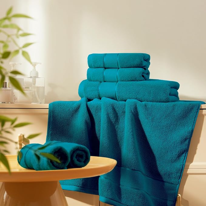 Marvione Bath Towels Set 6 Piece, 100% Turkish Cotton Highly Absorbent and Soft Towels for Bathroom 2 Bath Towels 2 Hand Towels 2 Washcloths, Teal