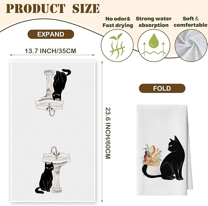 Bath Towels Set of 2, Cute Funny Black Cat Dish Towel for Bathroom Spa Kitchen, Decorative Hand Towels, Fast Drying Tea Towel, Housewarming Xmas Gifts for Cat Lover Women Mom -B27