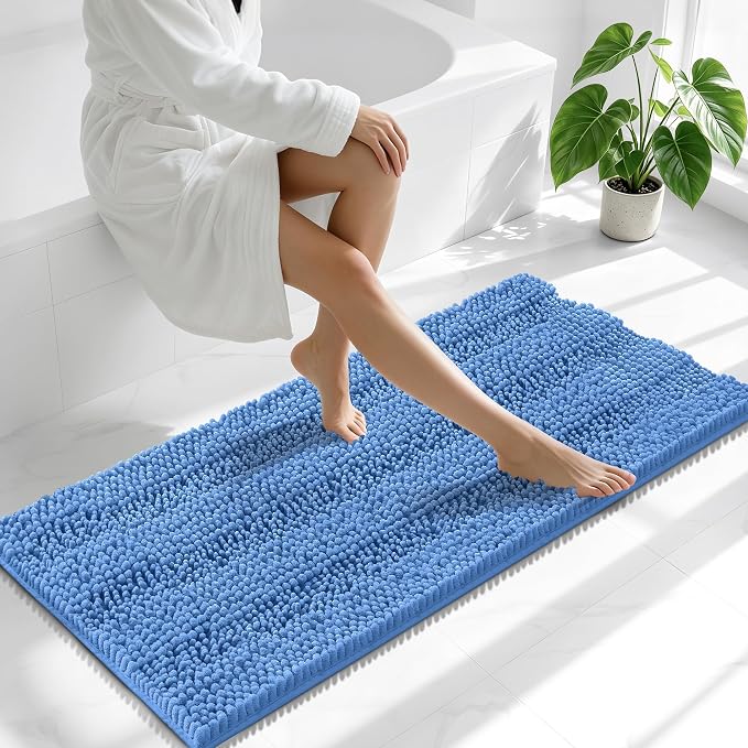 Smiry Thick Chenille Bathroom Runner Rugs 47x20, Extra Absorbent Striped Bath Mat, Machine Washable, Rubber Backing, Long Bath Rugs for Tub & Shower, Modern Home Decor Accessories, Cornflower Blue